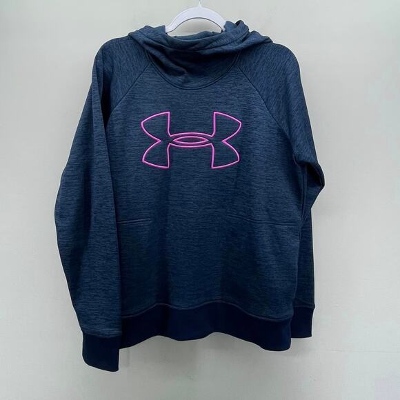 Under‎ Armour ColdGear Loose Fit Cowl Neck Heather Navy Pink Hooded Sweatshirt - Picture 1 of 4